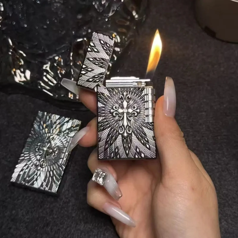 Metal Handmade Open Flame Inflatable Lighter High-end Grinding Wheel Lighter Personalized Side Slip Sound Lighter Men's Gift