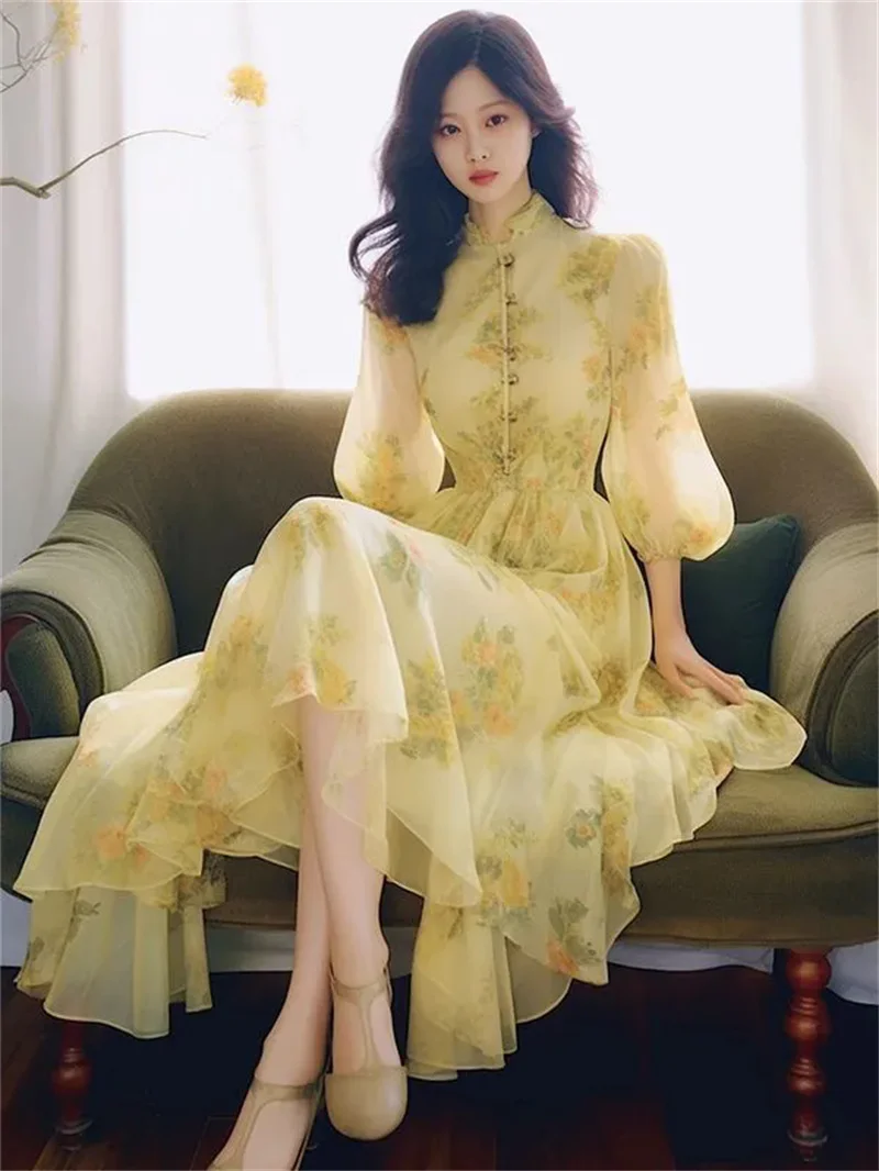 Tea break, French Style, High-end, Super Beautiful, Niche Design, Bubble Sleeves, Yellow Floral Chiffon Dress, Spring And Summer