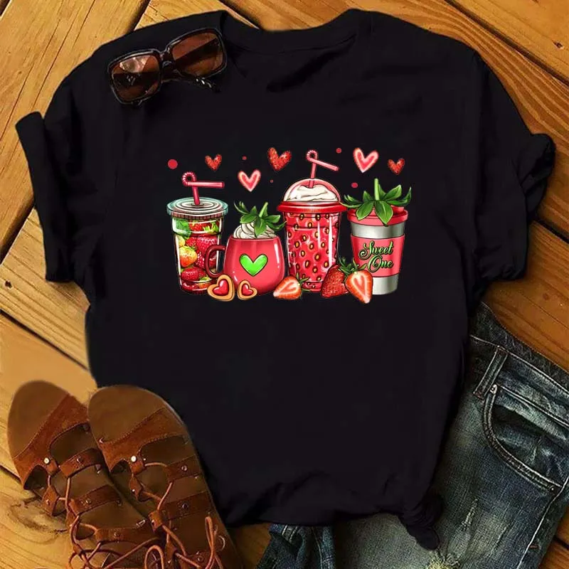 Maycaur Fashion Watermelon Coffee Printed Women T-shirts 90s Trend Cute Short Sleeve Women Female Graphic Tee Streetwear Clothes