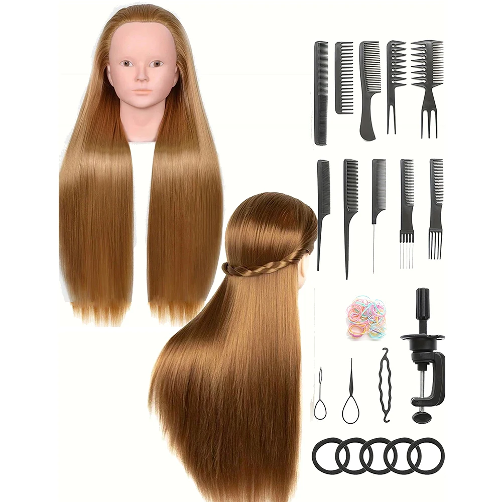

26in Mannequin Head Hair Styling Manikin Cosmetology Doll Head Synthetic Fiber Hair Hairdressing Training Model Free Clamp