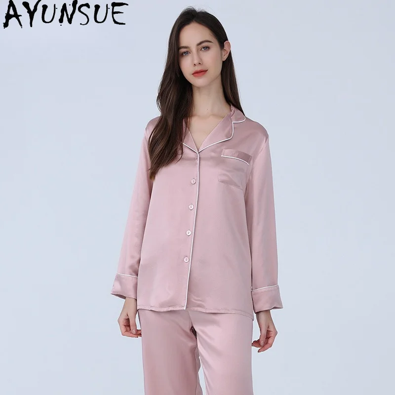 AYUNSUE 25Mm 100% Natural Mulberry Silk Sleepwear Women Spring Autumn Pajama Set Women's Home Clothes Fashion Shirt Pants 2026