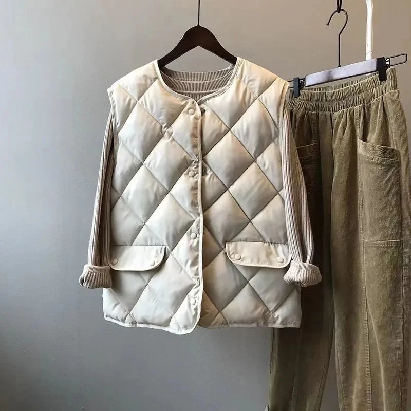 Autumn Winter Quilted Cotton Vest Sleeveless O-neck Loose Padded Waistvest Single Breasted Women Casual Ultralight Portable Vest