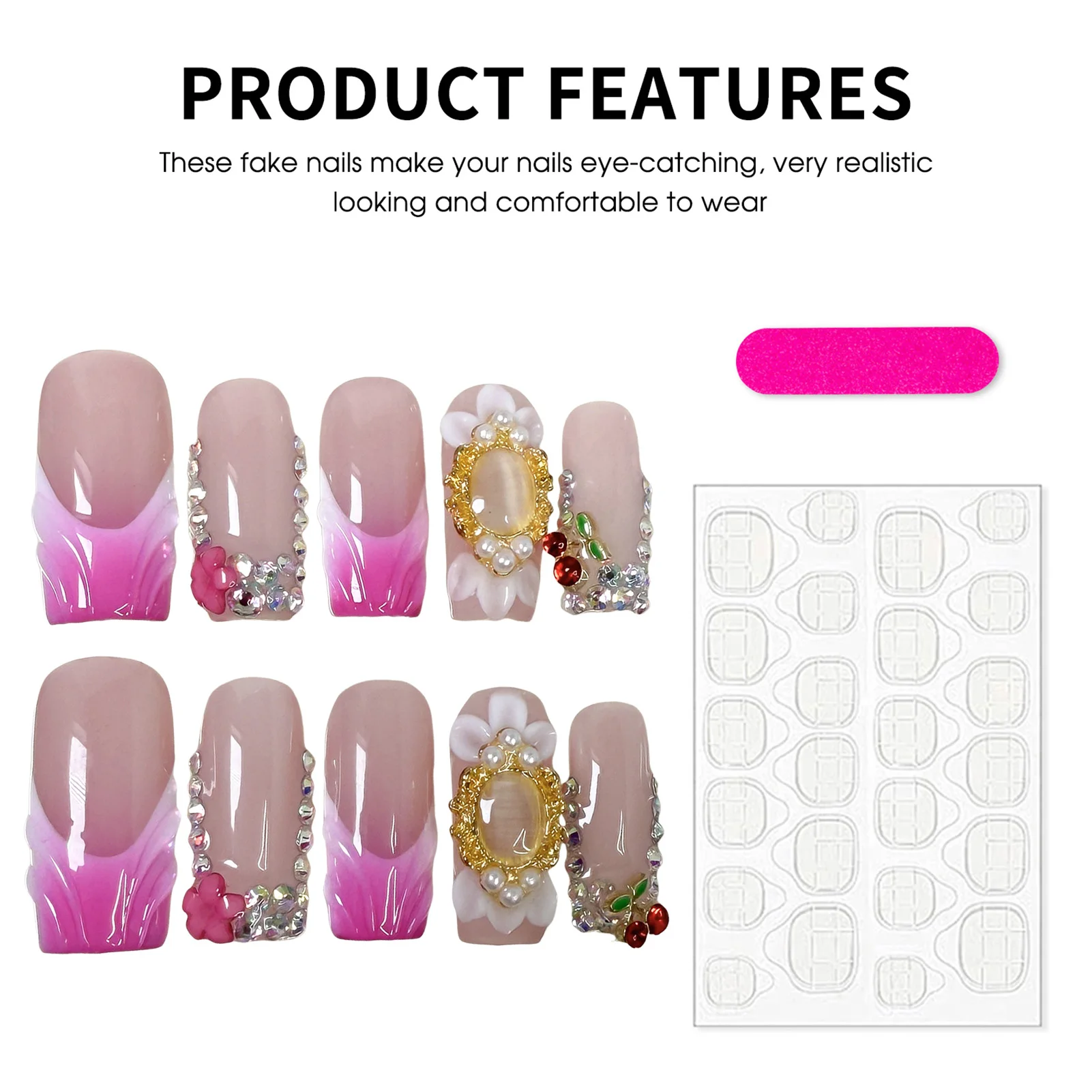 

Французские цветочные наклейки для ногтей квадратной формы с эффектом кристально чистого стекла, накладные ногти для самостоятельного маникюра