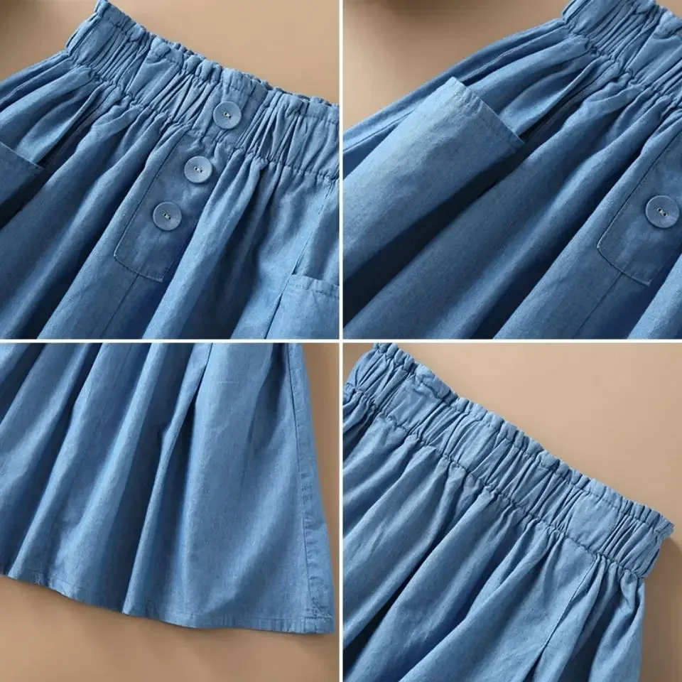 Kids Girls Cotton Skirts Mid-Length Summer Skirts Princess Blue Khaki Skirts 2024 Teenage Girls Casual Skirt With Pocket