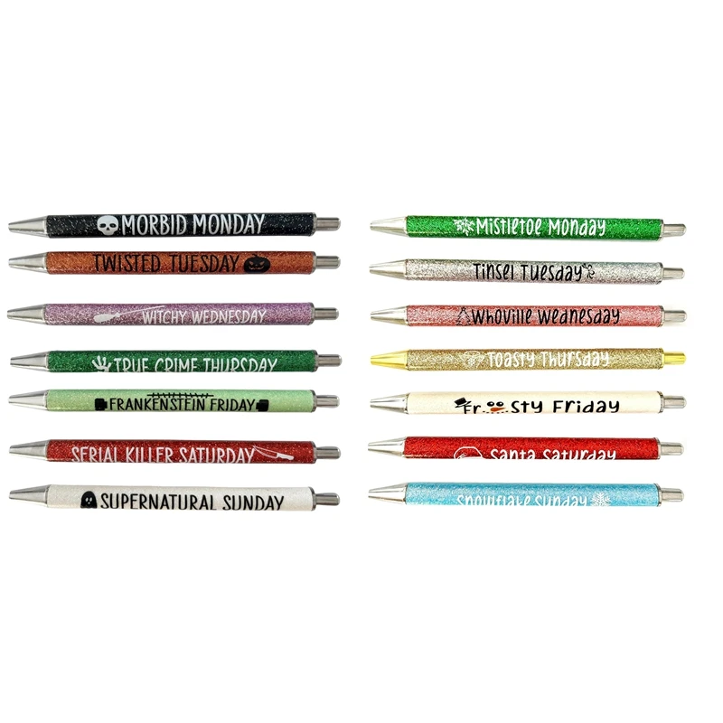 Top-7Pcs Weekday Pens Glitter Pen With Funny Sayings Vibrant Passive Fancy Ballpoint Pens Cute Gifts