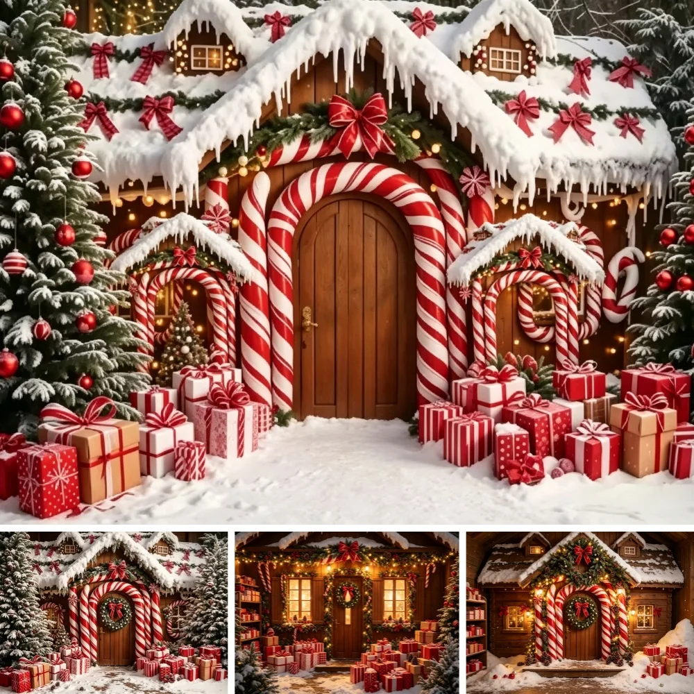 Christmas Photo Backdrop Snowy Cottage House Candy Cane Arch Red Bows Gift Boxes Snow Covered Pine Tree for Holiday Studio Shoot