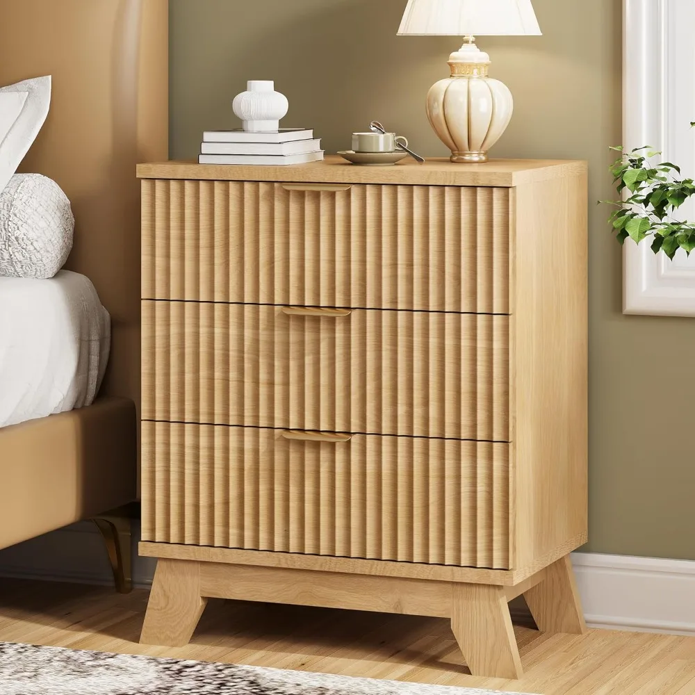 

Fluted Nightstand, 24" Wide Side Table with 3 Large Storage Drawers, Mid-Century Modern Bedside Table w/ Metal Accents