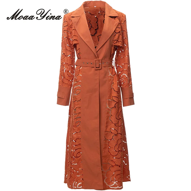 

MoaaYina Winter Fashion Designer Black Vintage Trench Coats Women's Lapel Hollow Out Embroidery Sashes Slim Long Trench Coats