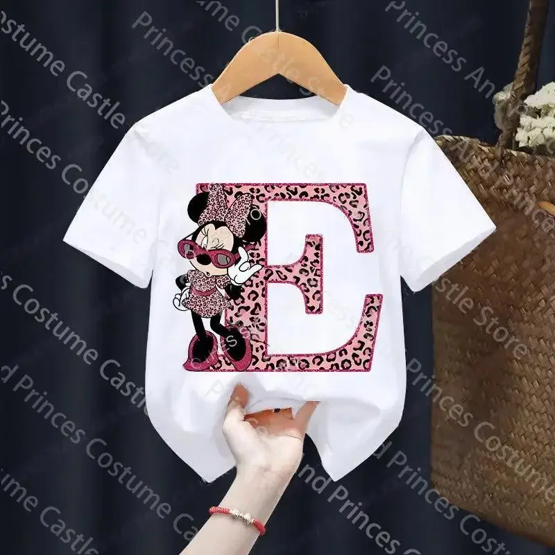 Letter A-Z Minnie Children  T-Shirts Name Combination Disney Kawaii Cartoons Clothes Kids Little Boy Girl Tee Shirts Casua