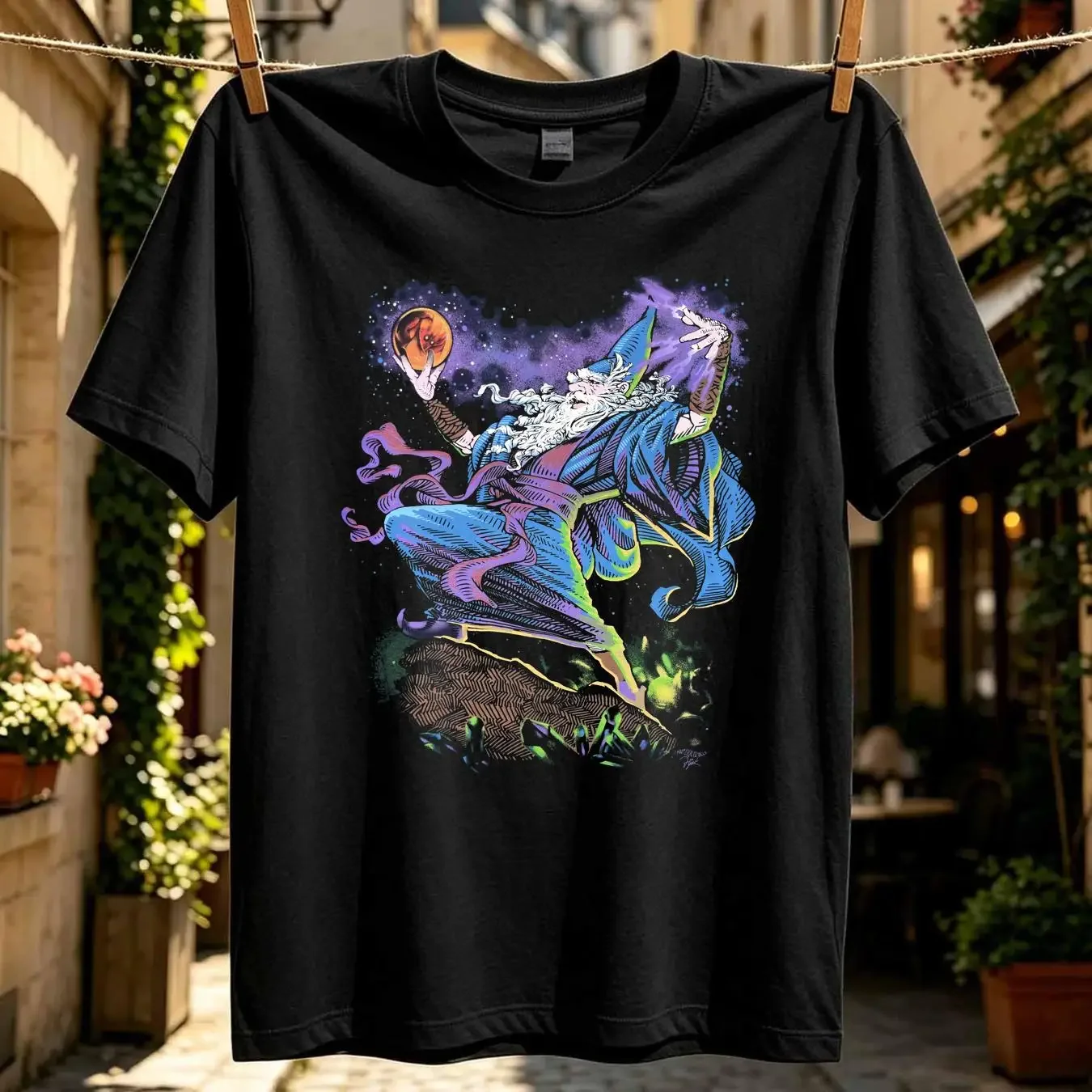 washed T Shirt Vintage Liquid Blue XL Wizard Dragon All Over Print 1994 90s Magic Aop long or short sleeves vintage Washed