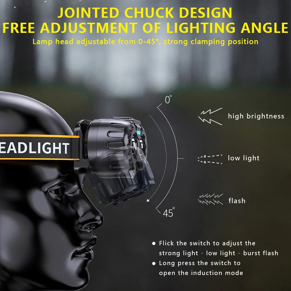LED Headlamp Motion Sensor Long Battery Life Strong Light USB Rechargeable Head Torch for Night Fishing Mining Camping Outdoor