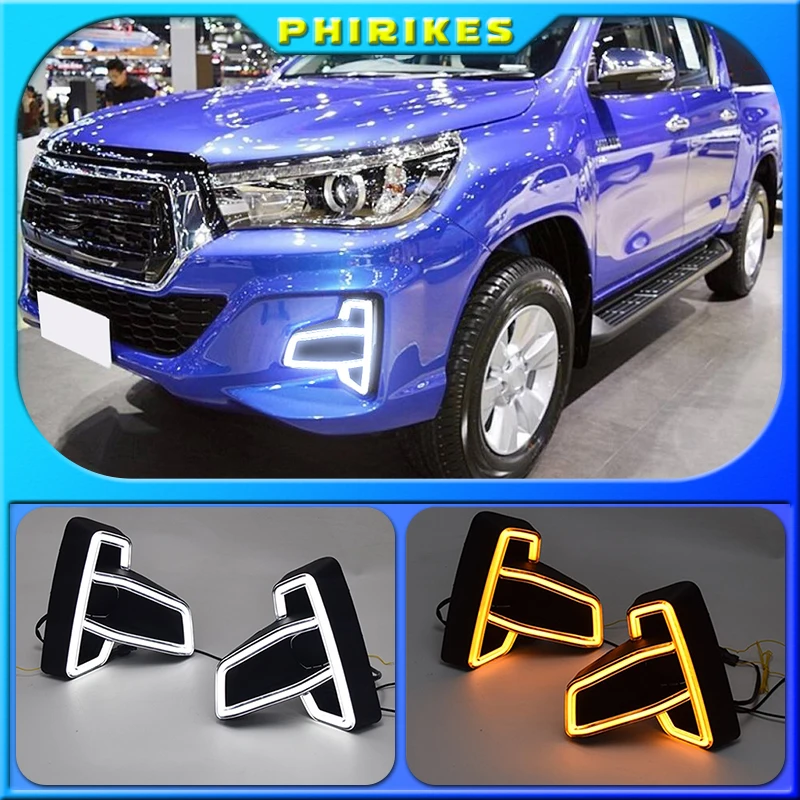 

1 Set For Toyota Hilux Revo Rocco 2018 2019 DRL LED Daytime Running Lights Diglight ABS Fog lamp Cover With Turn Yellow Signal