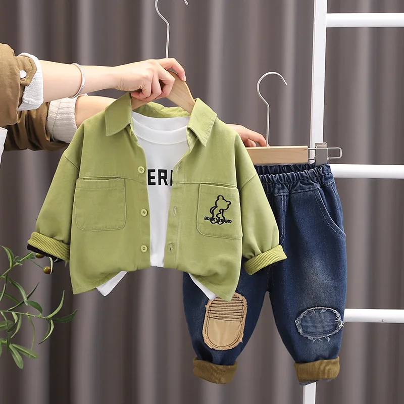 Baby Boy Fall Clothes 2024 Spring Autumn Cartoon Pocket Turn-down Collar Jackets T-shirts Pants Childrens Three Piece Clothing