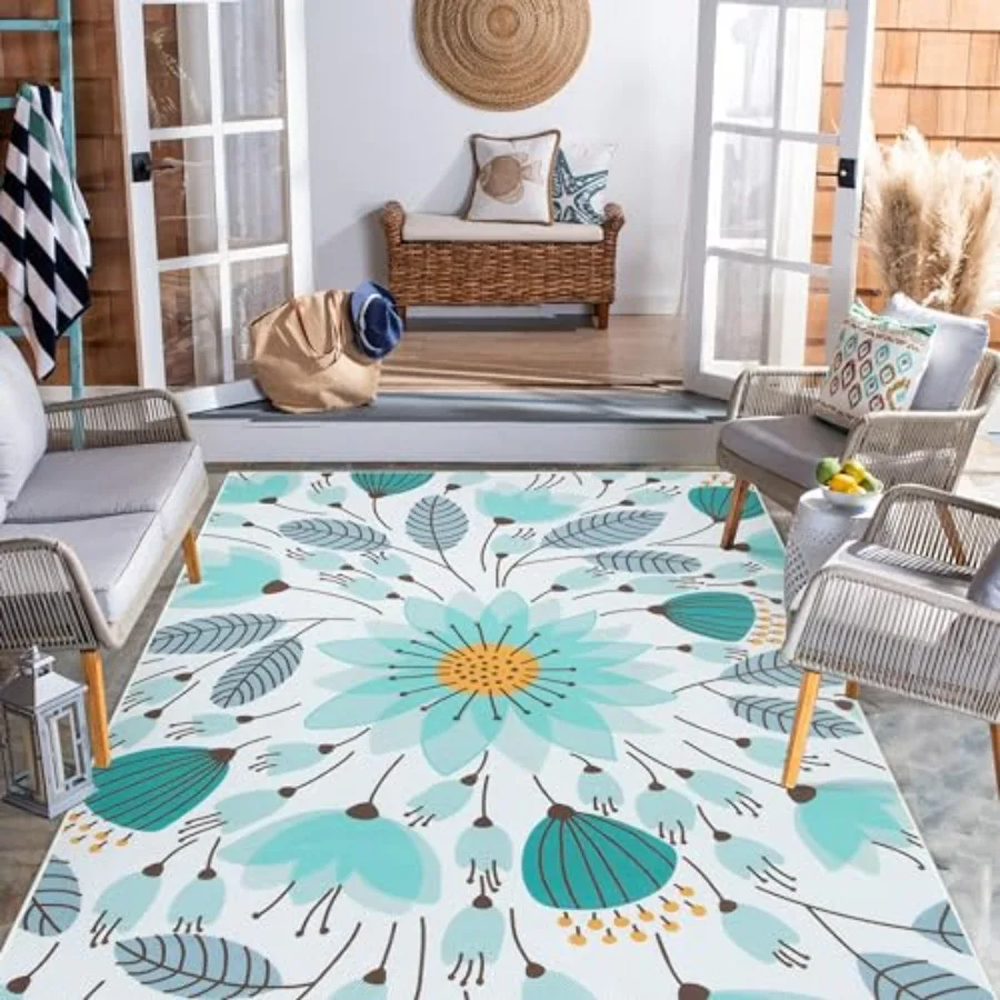 

Floral Indoor Outdoor Rug, 5x8ft Non-Slip Blue Polypropylene Rug for Balcony, Deck, Camping, Picnic, Backyard, RV, Living Room