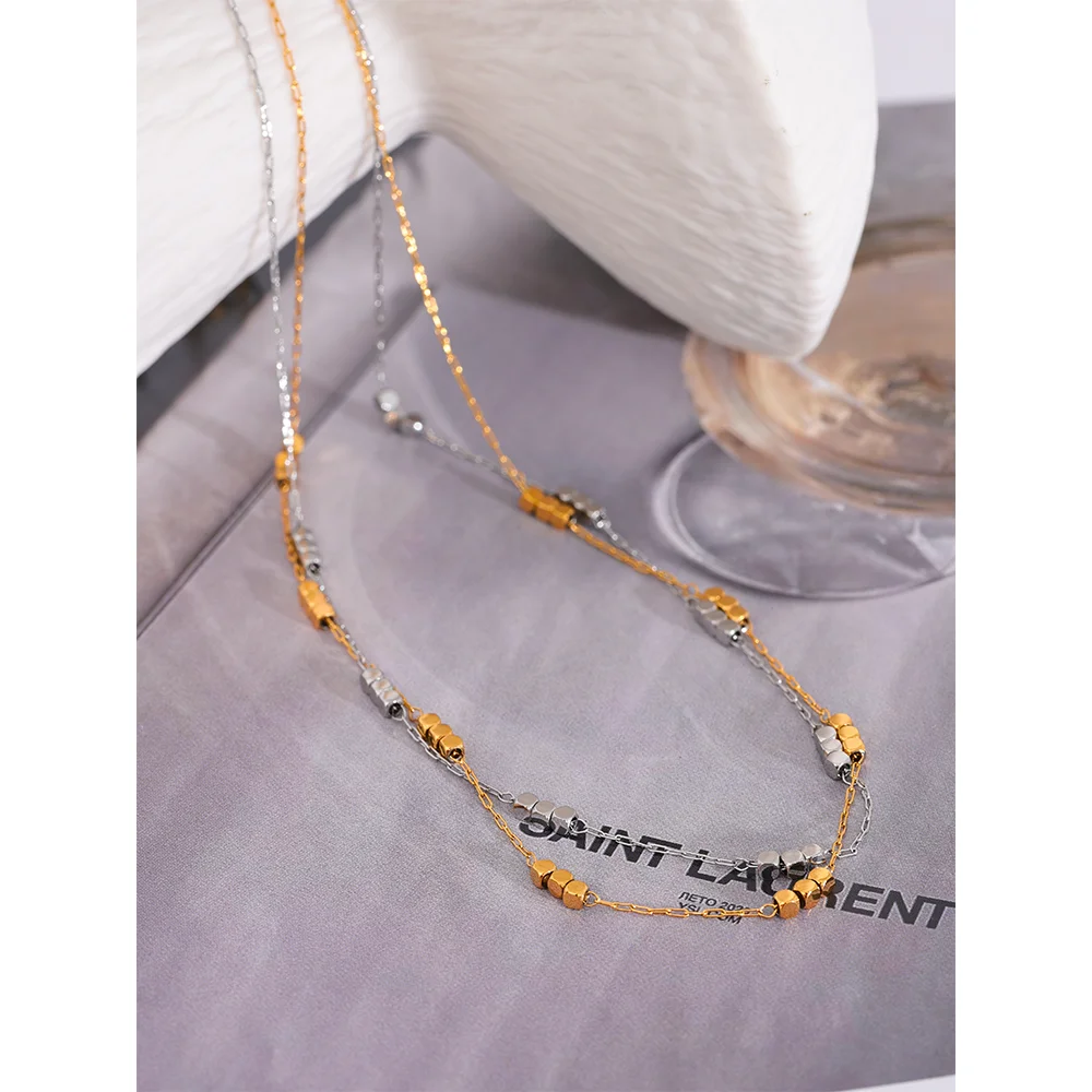 Yhpup Stainless Steel Square Polished Chic Chain Thin Korean Necklace Fashion Exquisite Waterproof Jewelry for Women Charm Gift
