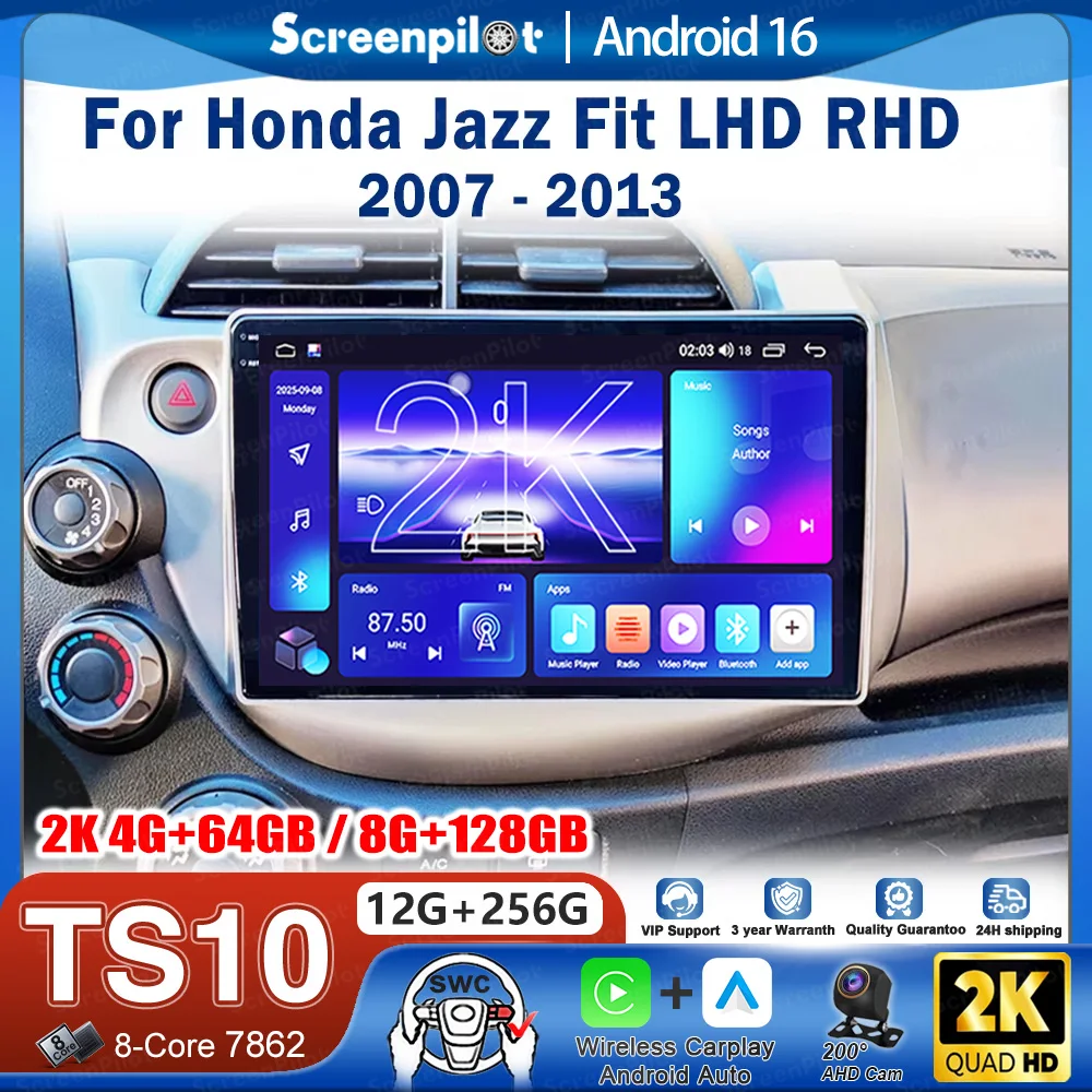 Android 16 For Honda Jazz Fit LHD RHD 2007 - 2013 Car Radio Stereo Head Unit CarPlay Auto radio Touch Screen Wifi 8 Core Car Gps