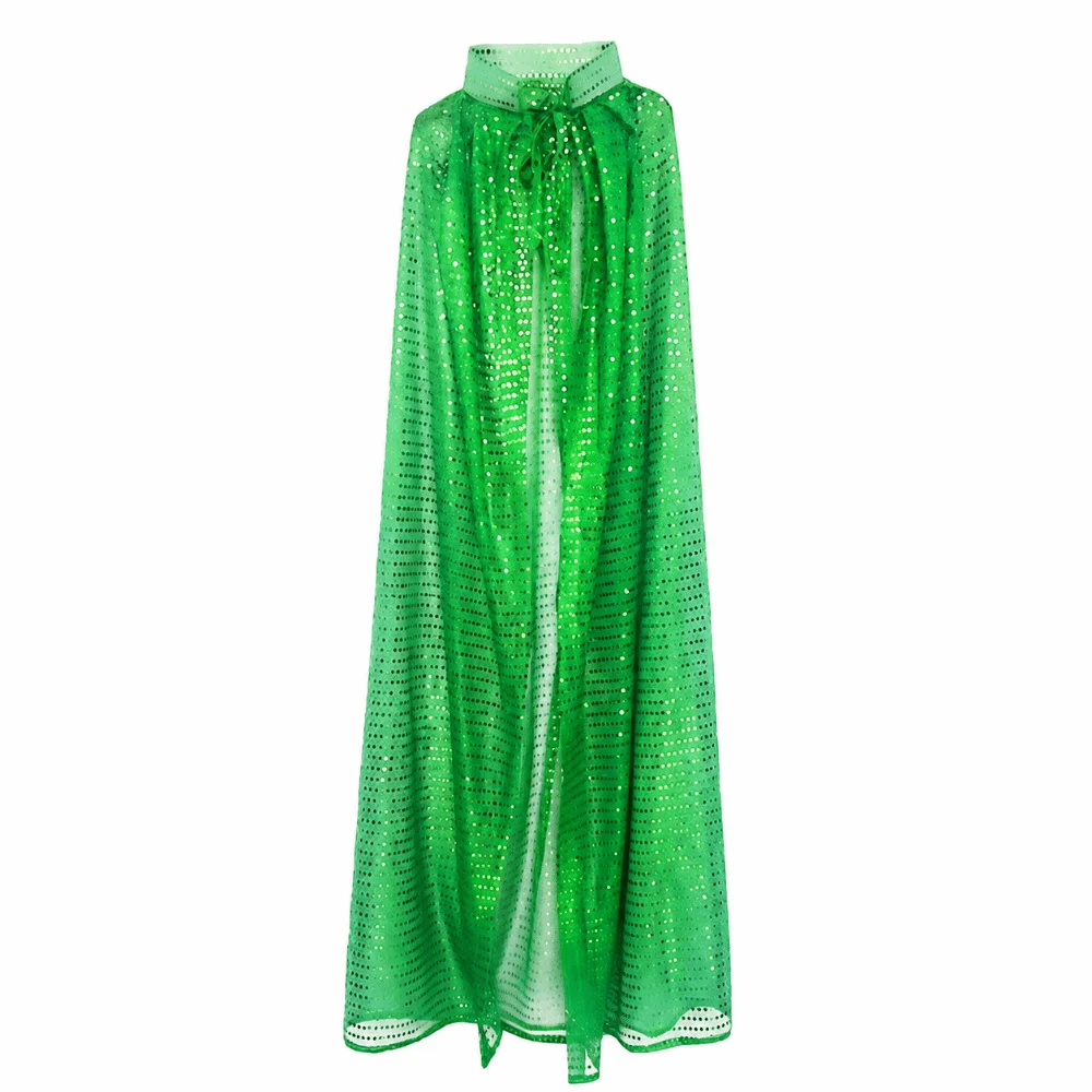 Fashion Long Shiny Sequin Cape Fantasy Vintage Halloween Cosplay Robe Stand Collar Lightweight Shiny Cloak Stage Performance