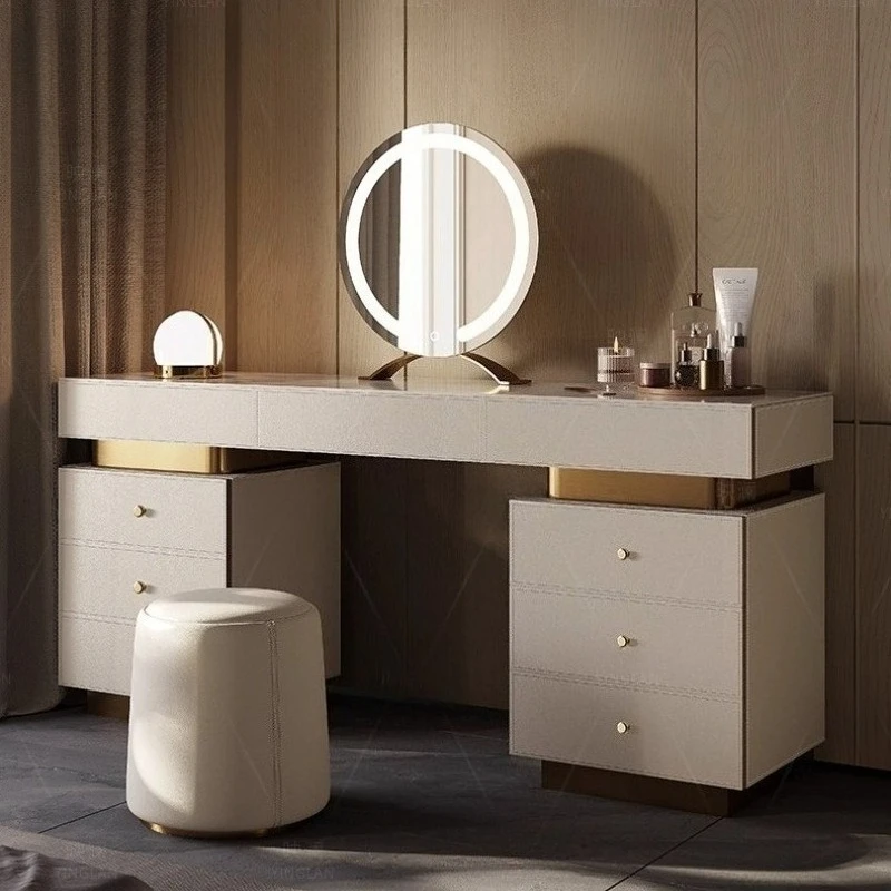 Luxury slate countertop leather Dresser with mirror Toiletries Makeup vanity illuminated makeup dressing table desk dressers