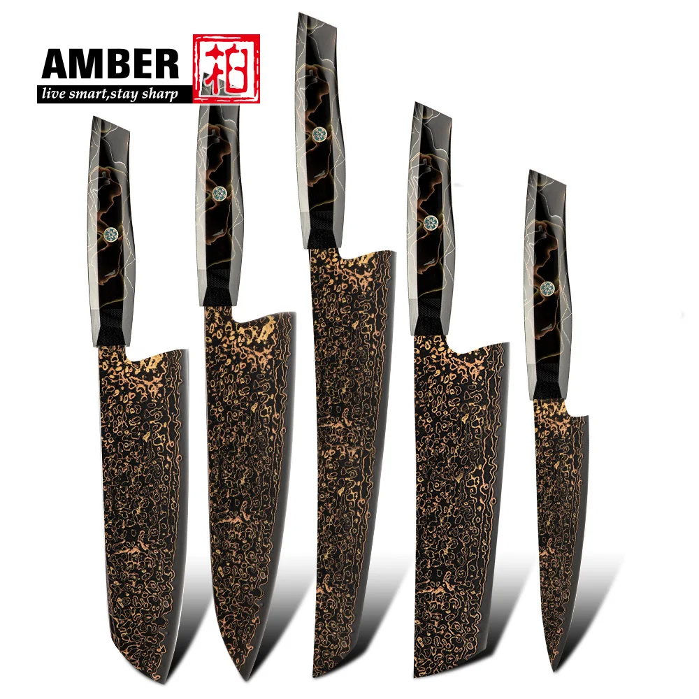 vg10 Kupfer japanische Damaskus 37-lagige Stahlmesser Set Küchenchef Steak Utility Obst Schälmesser mit Mesh-Harzgriff