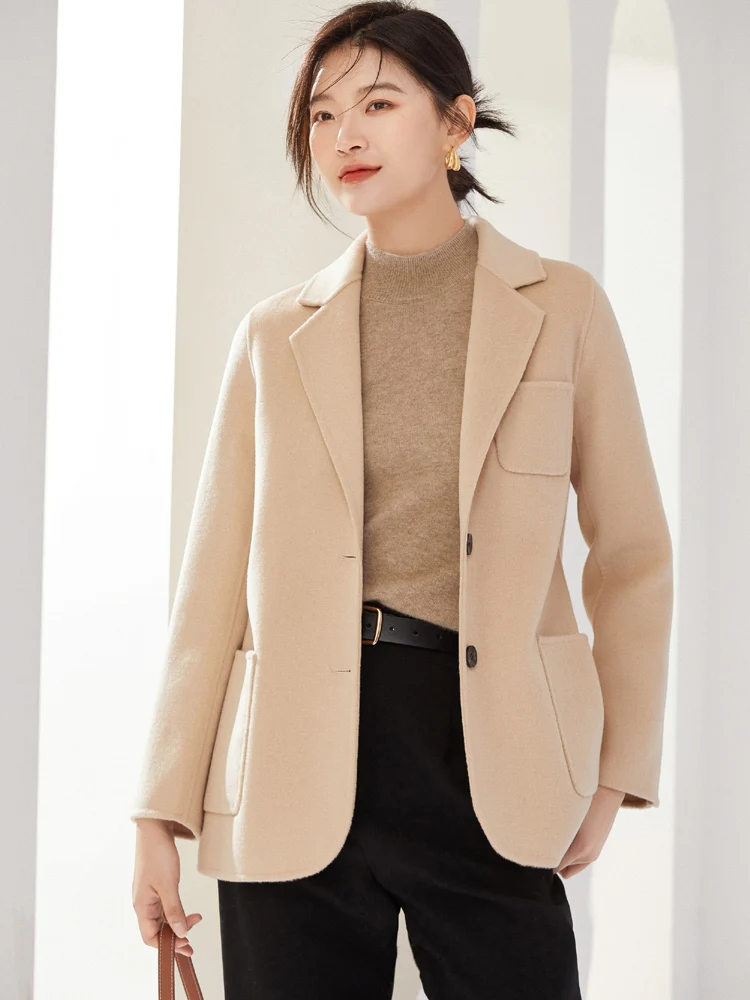 Manteau double face en cachemire pour femmes, manteau court en pure laine 100%, cardigan épais, petit col, neuf, automne et hiver