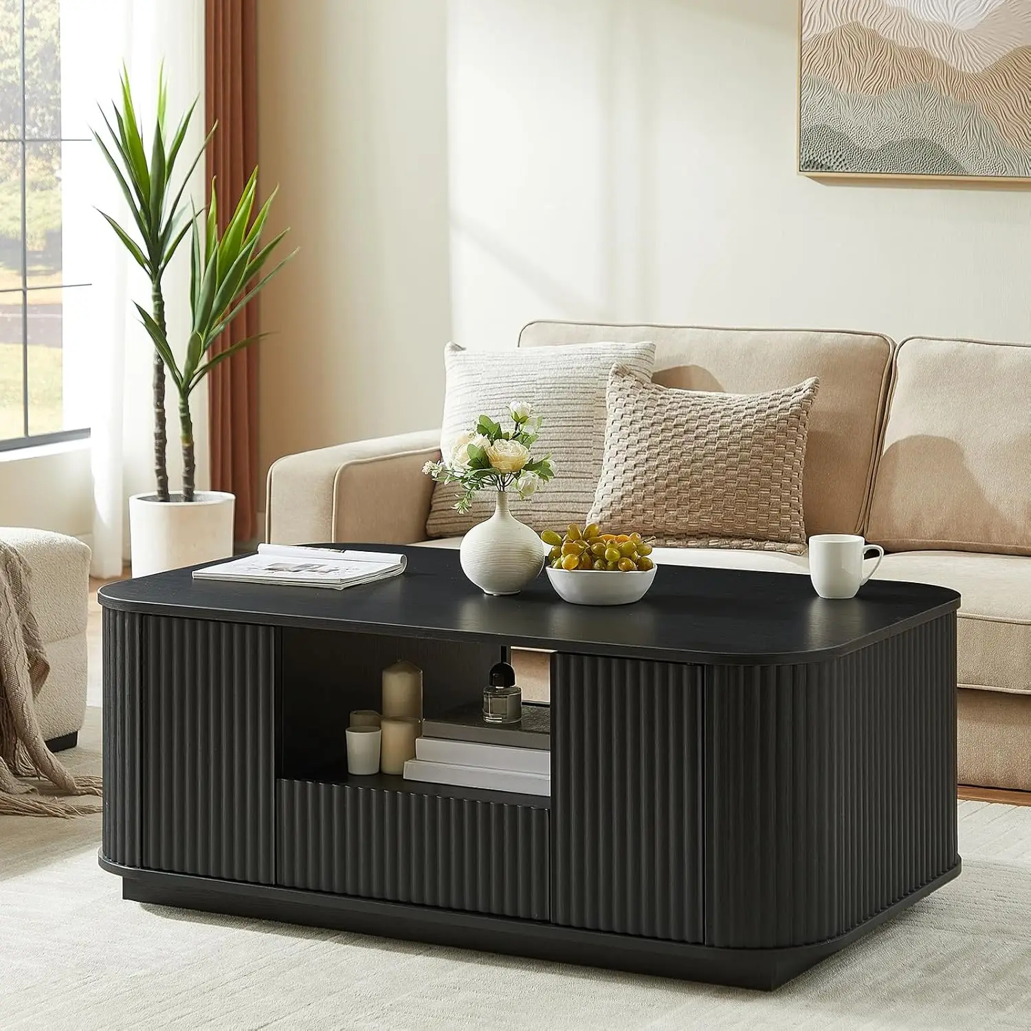 

46.5'' Modern Black Fluted Coffee Table - Oval Center Table with 2 Drawers, Open Shelf & 2 Compartments,