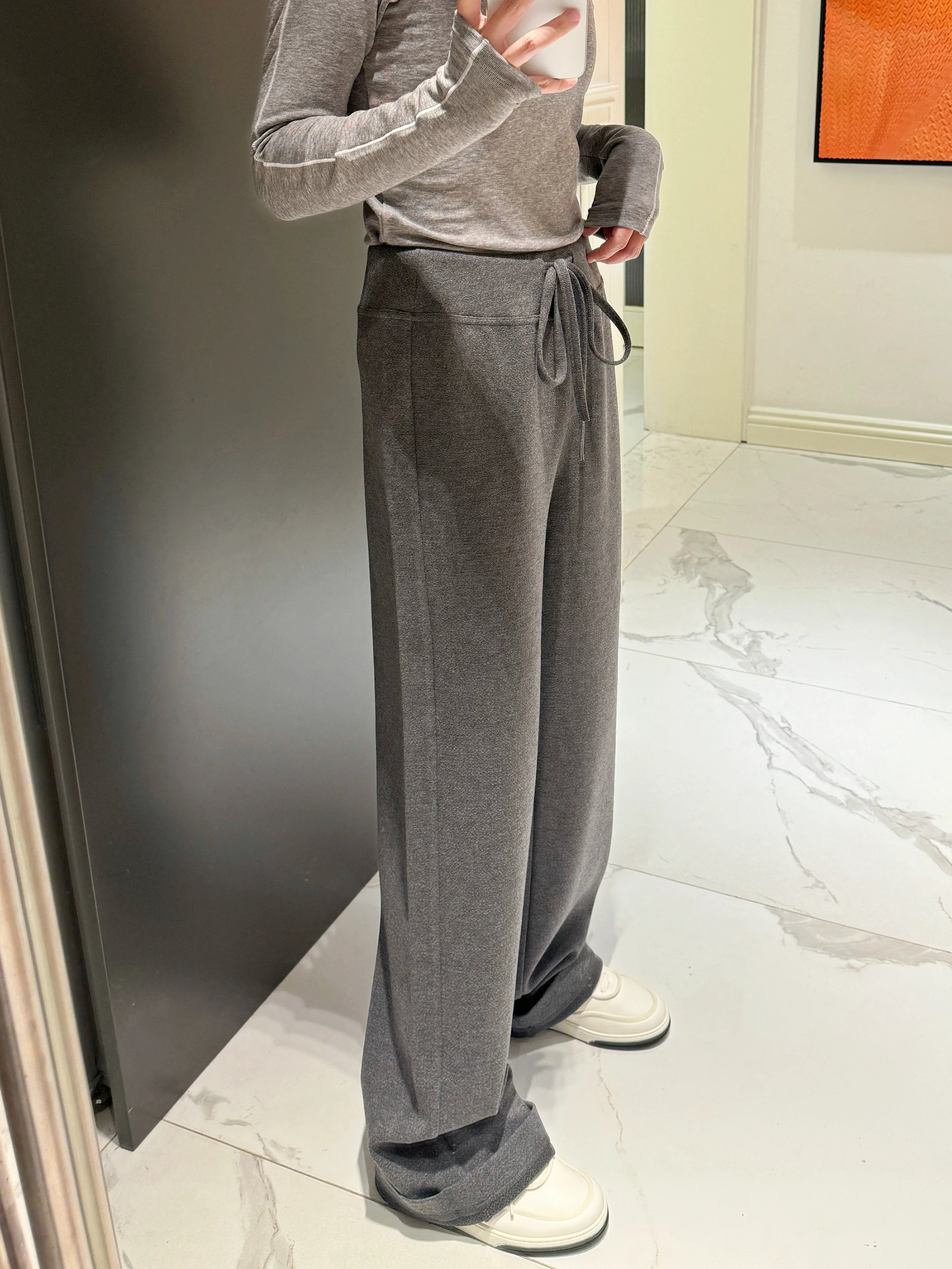 

Slimming Straight Leg Casual Pants High Waist Loose Long Floor Length Bla ey Women's Spring Autumn Faion Leggings