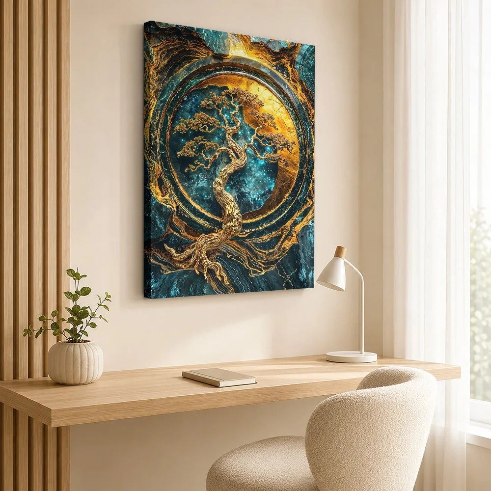 Golden Tree of Serenity Framed Canvas Print Poster Personalized Photo Botanical Floral Wall Paintings Decoration for Bedroom
