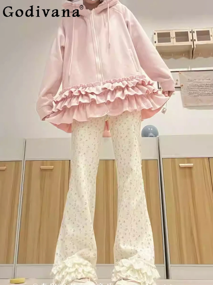 

Autumn Sweet Women Ballet Floral Loose Slightly Pulled Pants Elegant Lace Cake Beige Elastic High Waist Leisure Lolita Trousers