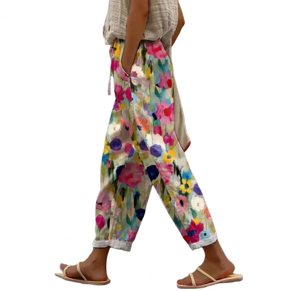 Summer Casual Thin Trousers Women Cotton Linen Floral Print Pockets Drawstring Pants Ladies Street Elastic Waist Pants