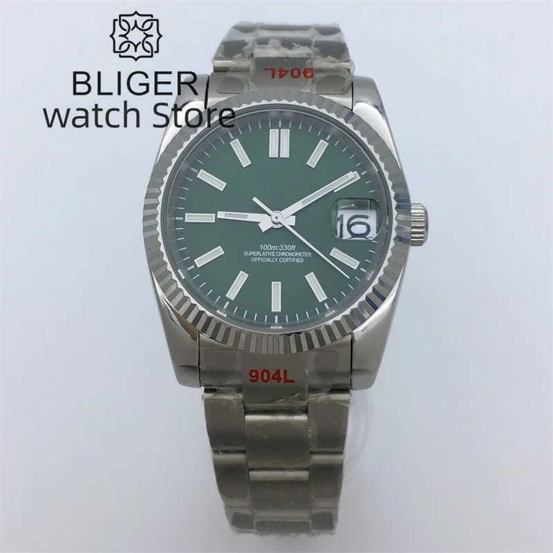BLIGER 사파이어 유리 녹색 다이얼, 날짜 녹색 발광 NH35A 무브먼트, 자동 남성용 스테인레스 스틸 스트랩, 36mm, 39mm