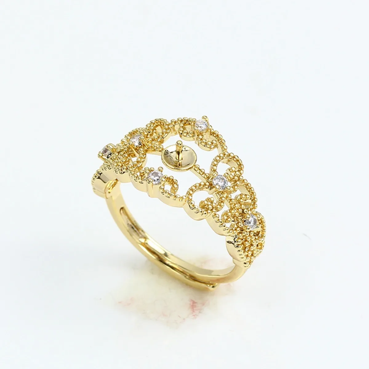 Women Brass 14K Gold Plated Lace‑Pattern CZ‑Inlaid Adjustable Ring Blank Setting Handmade Supplies For DIY Pearl Ring Findings