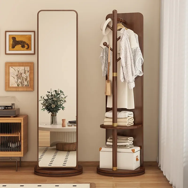 Solid Wood Full Body Floor Mirror Movable Rotating Full Length Mirror with Coat Rack Integrated Household Standing Mirror