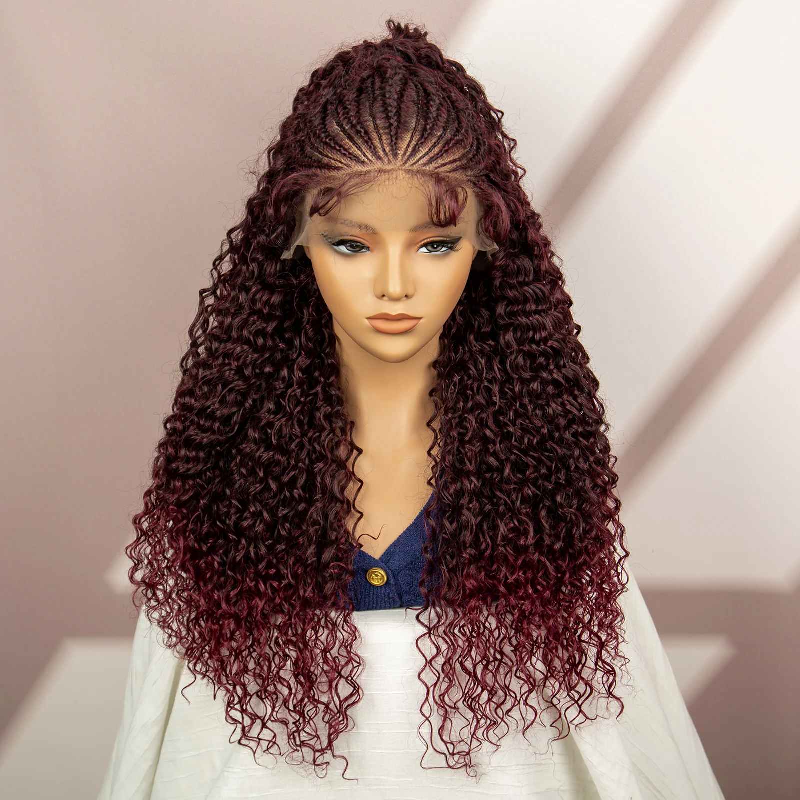 Wig kepang Cornrow Burgundy renda depan Wig kepang sintetis rambut keriting Wig Afro dengan rambut bayi 99J warna Wig keriting untuk wanita