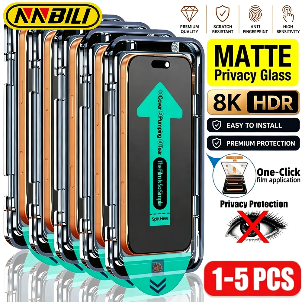 NNBILI 1-5 Stück Matte Anti-Spionage-Displayschutzfolien mit Auto-Ausrichtungshalterung, für iPhone 18 17 16 15 14 13 12 11 Pro Max, Glas