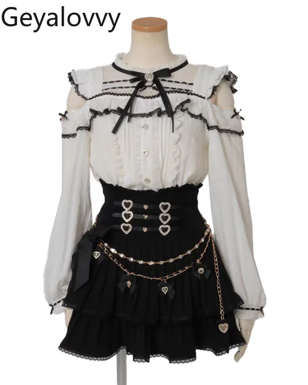 النمط الياباني الإنتاج الضخم قميص غير رسمي جديد الحلو Cutelong كم بلايز للنساء لوليتا الدانتيل المرقعة خارج الكتف بلوزة #3