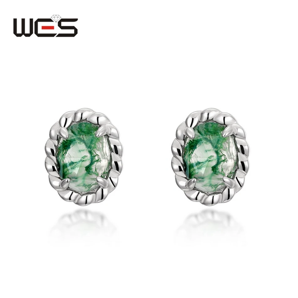 WES 925 Sterling Silver Stud Earrings for Woman 6*8mm Natural Gemstone Moss Agate Christmas Valentine Party Gifts Fine Jewelry