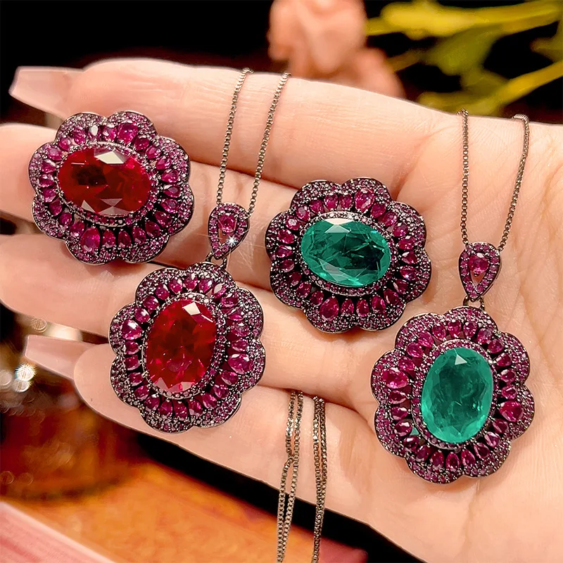 Adjustable Flower Shaped Statement Jewelry Red Green Oval Gem Necklace Ring Vintage Dark Plated Sparkling Cluster Fashion Party