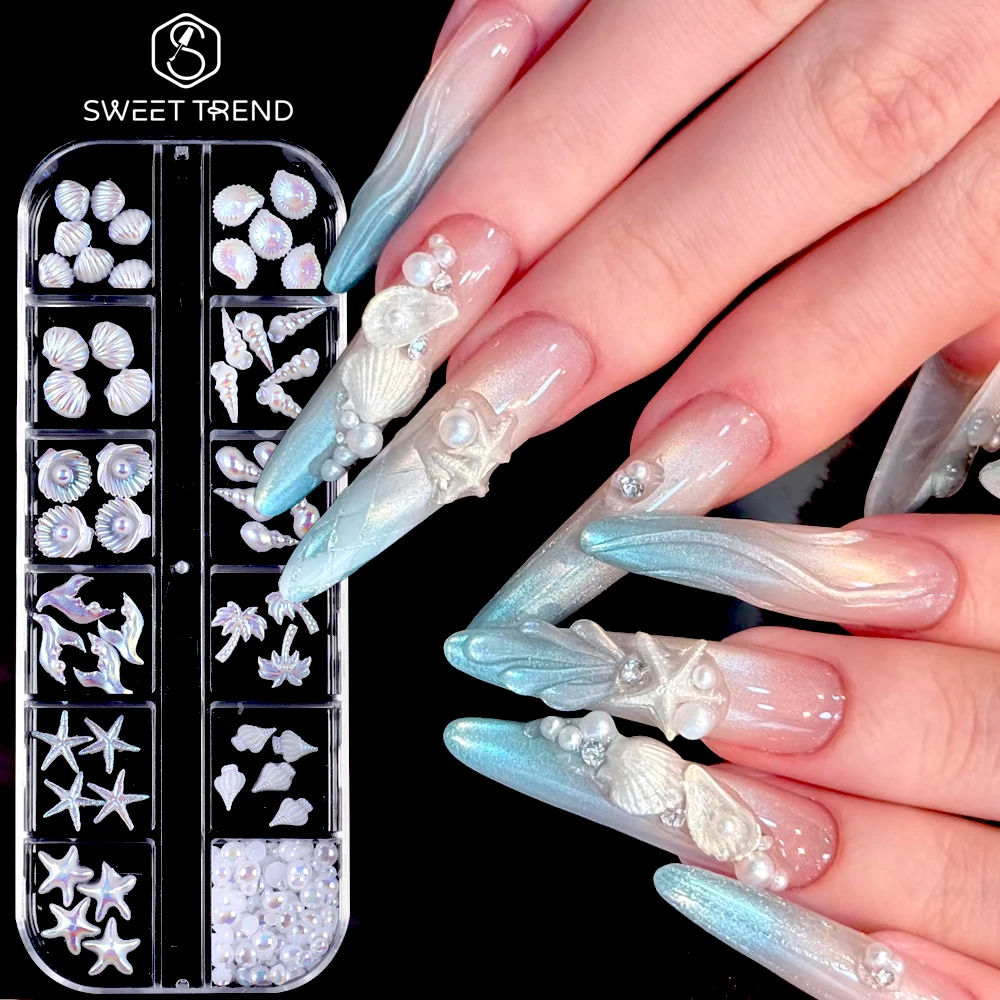 SWEET TREND-12 Grids 3D Ocean Nail Art Charms Aurora Conch Shells Starfish Mermaid Tail Accessory Manicure Decorations Supplies