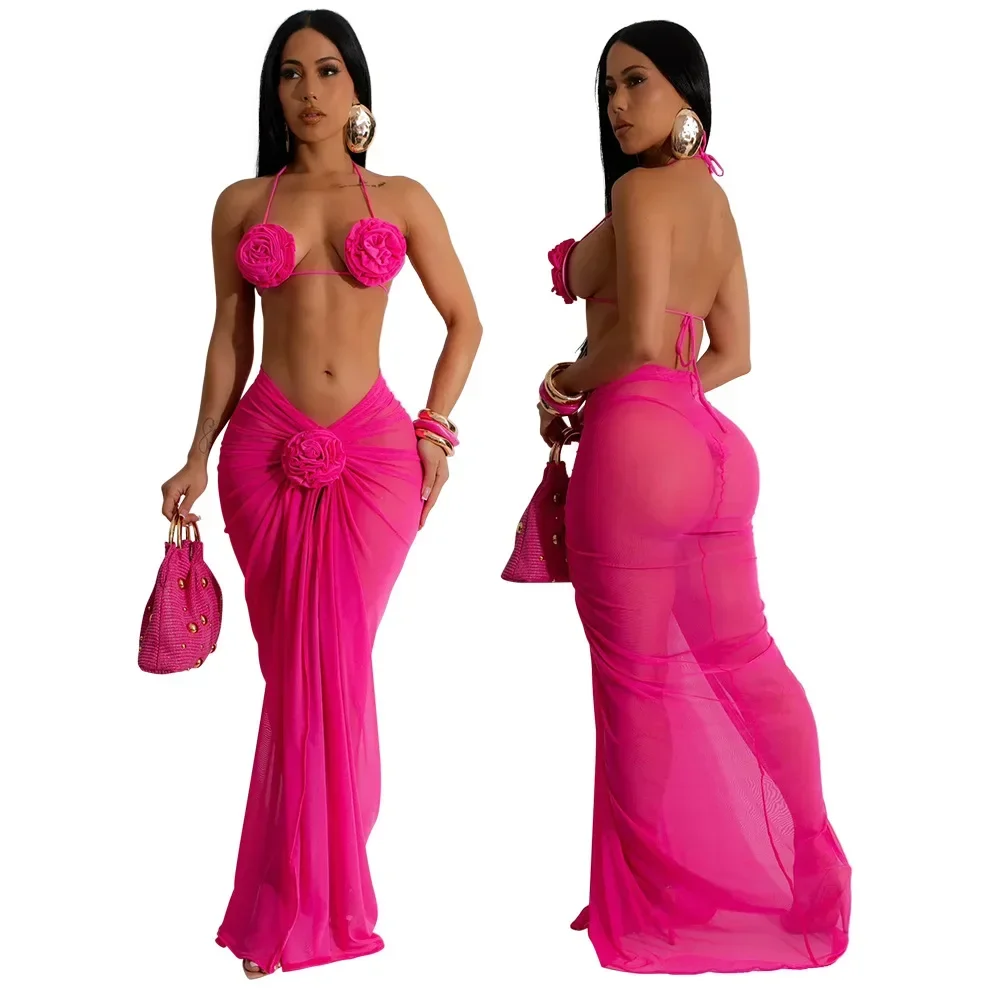 

Women Sexy 3d Flower Bikinis Sets 2025 Summer Beach Holiday Swimwears with Mesh Maxi Skirts 3-piece Sets Outfits