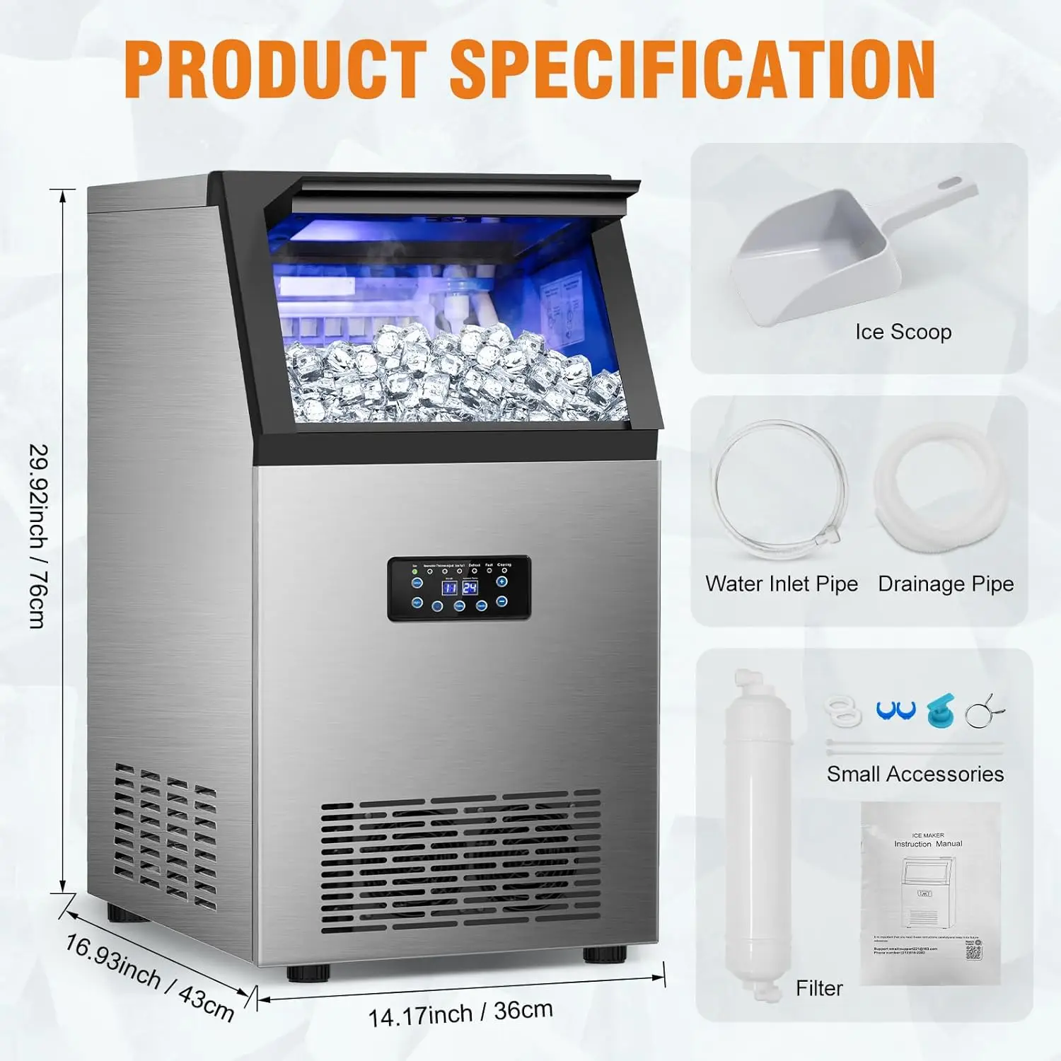 Commercial Ice Maker Machine, 120Lbs/24H with 30Lbs Storage Bin, 40Pcs Ice Cubes 6Mins, 2-Way Add Water Under Counter Freestandi