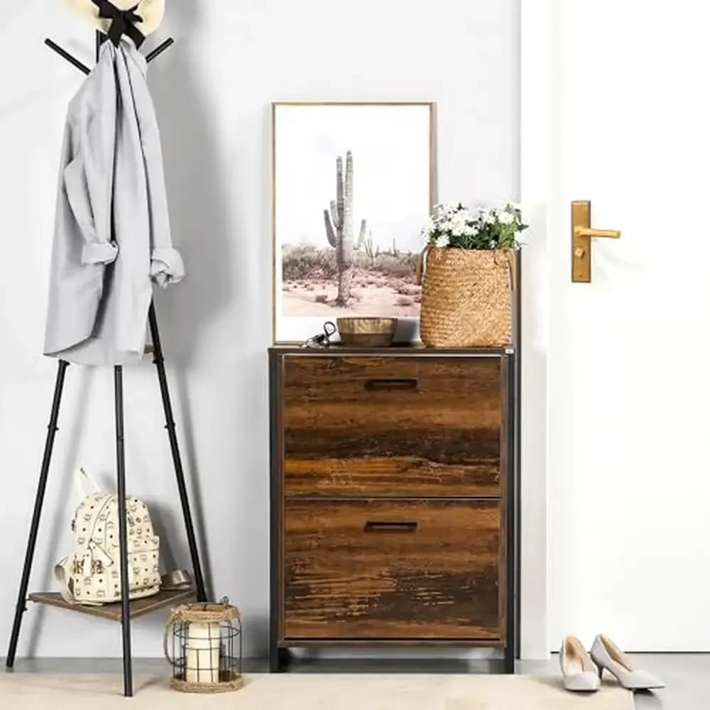 Industrial Shoe Cabinet Flip Drawers Freestanding Storage 12 Pairs Slim Rack Hallway Entryway Chic Display Knick-knacks Photo