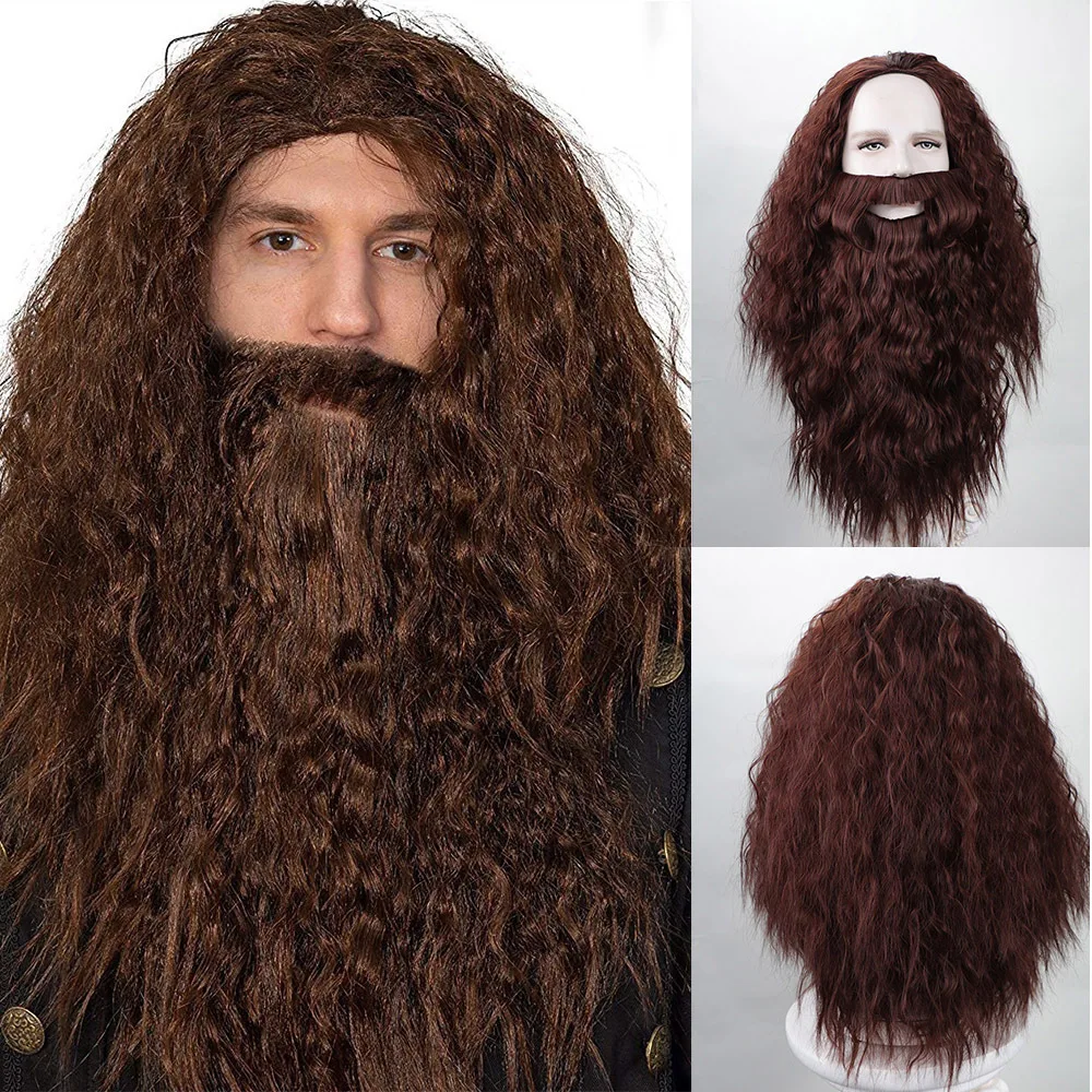 Long Curly Brown Wig and Beard for Men Magic Animal Professor Costume Wigs Synthetic Hair for Halloween Party