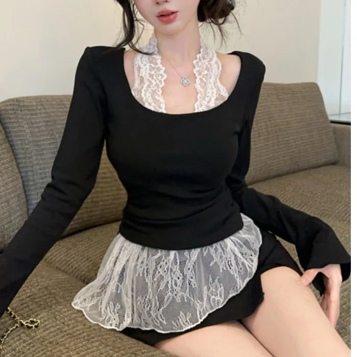 Ele puro desejo renda ne pendurado longo sve fce forrado base de ajuste fino irt outono inverno novo sle feminino faion topo