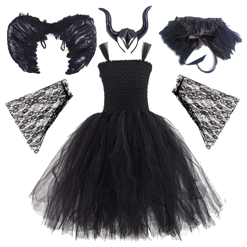2025 Abito da principessa per ragazze Costumi da regina cosplay Gonna gonfia in rete nera Regina cattiva Costume da vestire Abbigliamento di Halloween