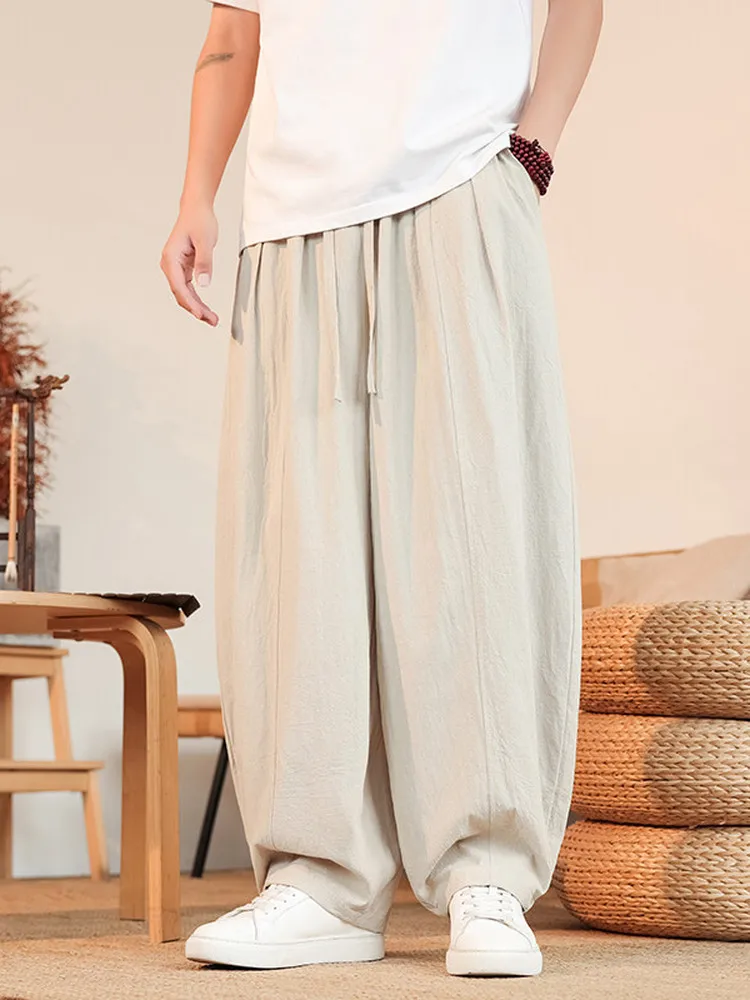 

Loose Cotton Linen Wide Leg Casual Pants Men Summer Big Size Sports Lantern Pants Straight Cut Cool Trendy Men's Faion