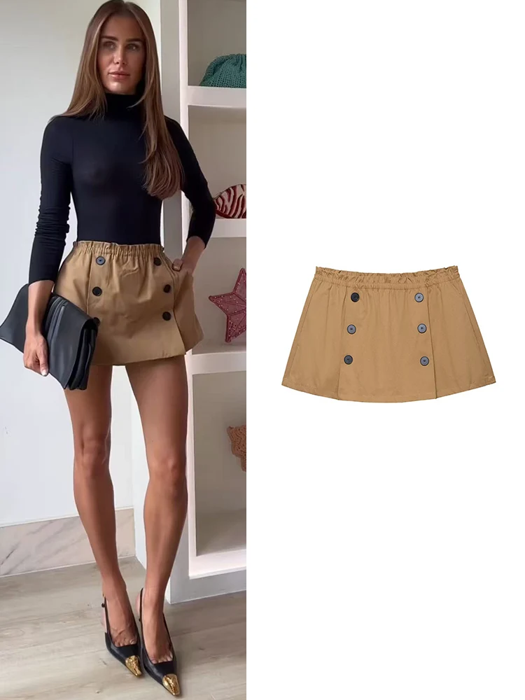 الخريف النساء تنورة السراويل عالية الخصر شيك مزدوجة الصدر الديكور تنورة صغيرة السراويل موضة 2025 جديد الترفيه سراويل للسيدات #1