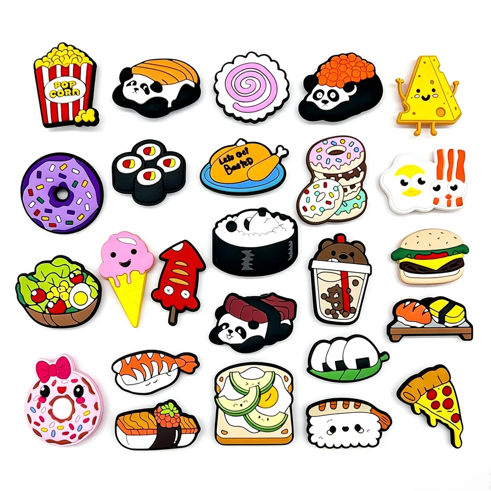 25PCS Cute Food Shoe Charms Sushi Donut Pizza PVC Shoe Decorations Accessories For Croc Clogs Sandals Man Women Party Gift