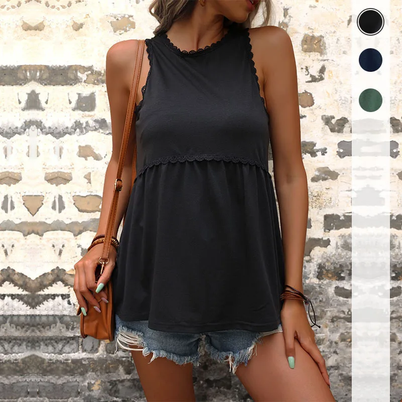 

New Summer 2023 Fashion Women's Stitching Wooden Ear Edge Hanging Neck Undershirt Solid Color Loose Casual Tops