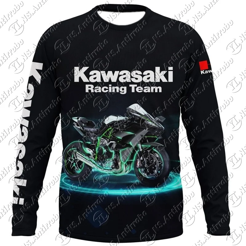 

25-26 Новая мужская футболка Kawasaki Motorcycle Racing Team с длинным рукавом, весенне-осенние женские футболки, спортивная одежда, топы