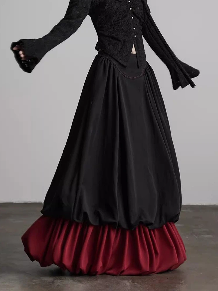 Vintage Elegant Long Skirt Women Spring Summer Black Red Patchwork Bud Skirts High Waist Retro Casual Harajuku A Line Skirt New